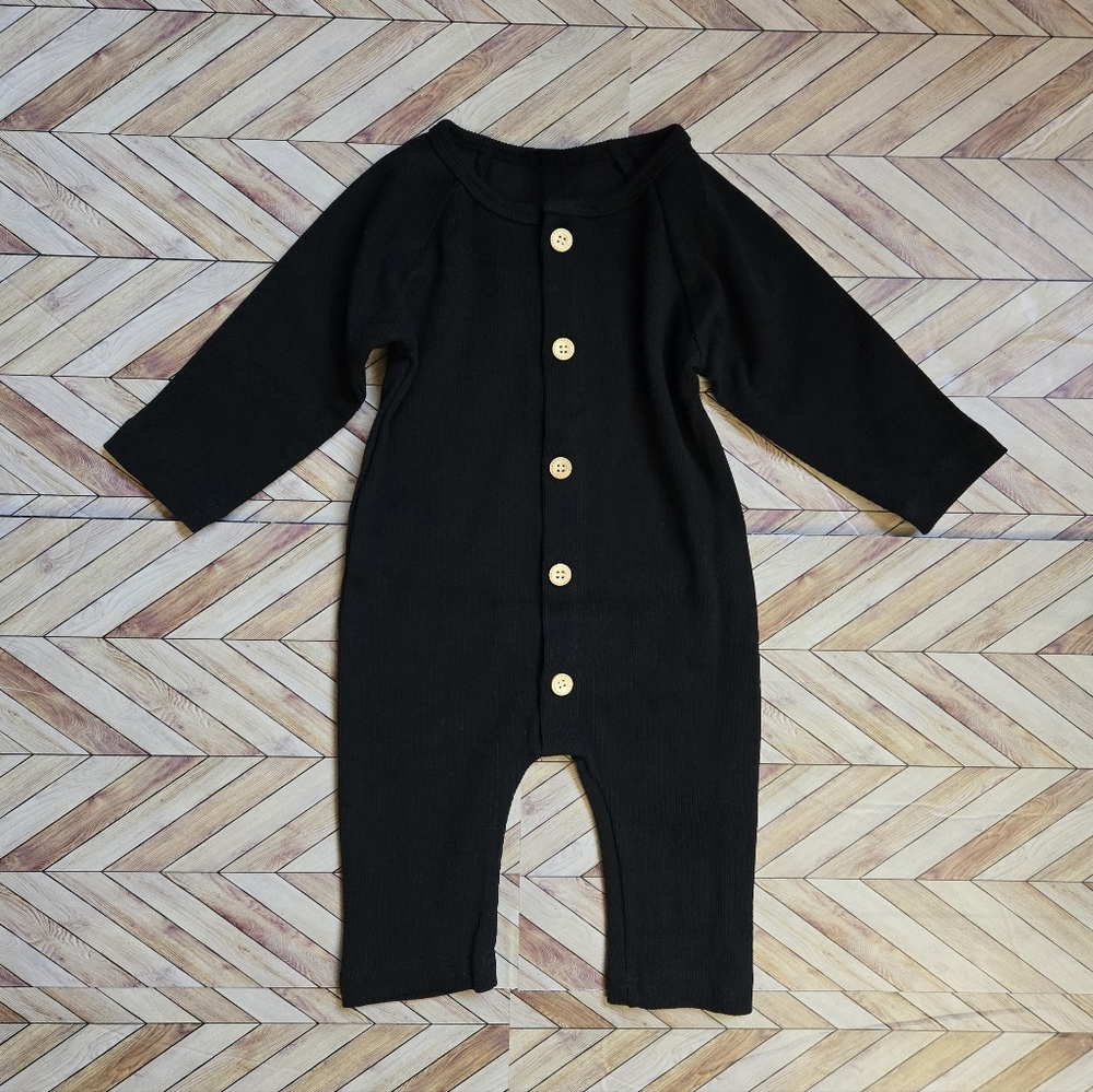 Baby Boy Girl Ribbed Black Long Sleeve Front Button Jumpsuit Cotton Onepiece 0-3